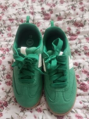 Green Kids Sneakers with White Stripes Size 13